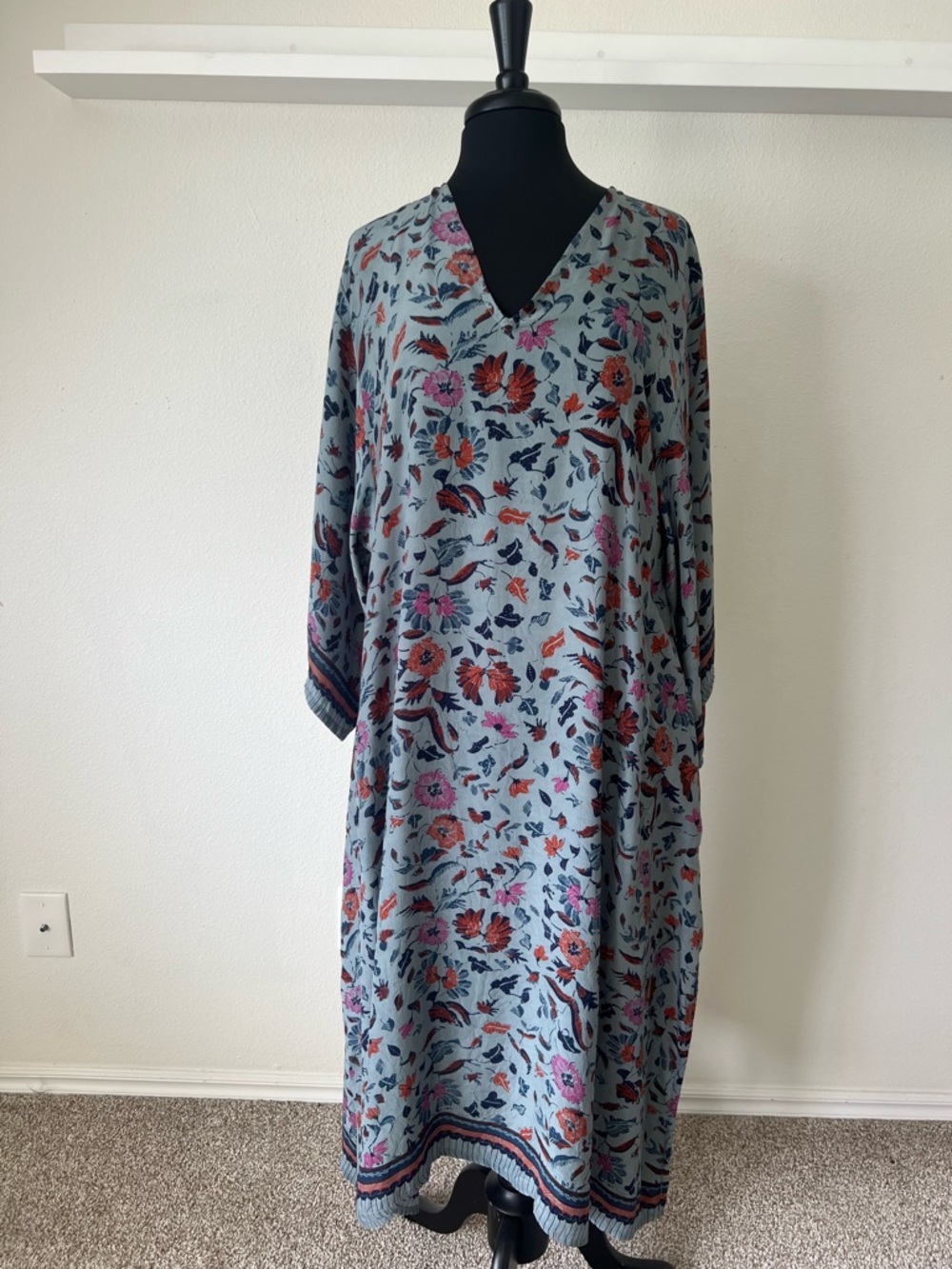 Natalie Martin Blue Floral V-Neck Maxi Dress with Red and Pink Accents
